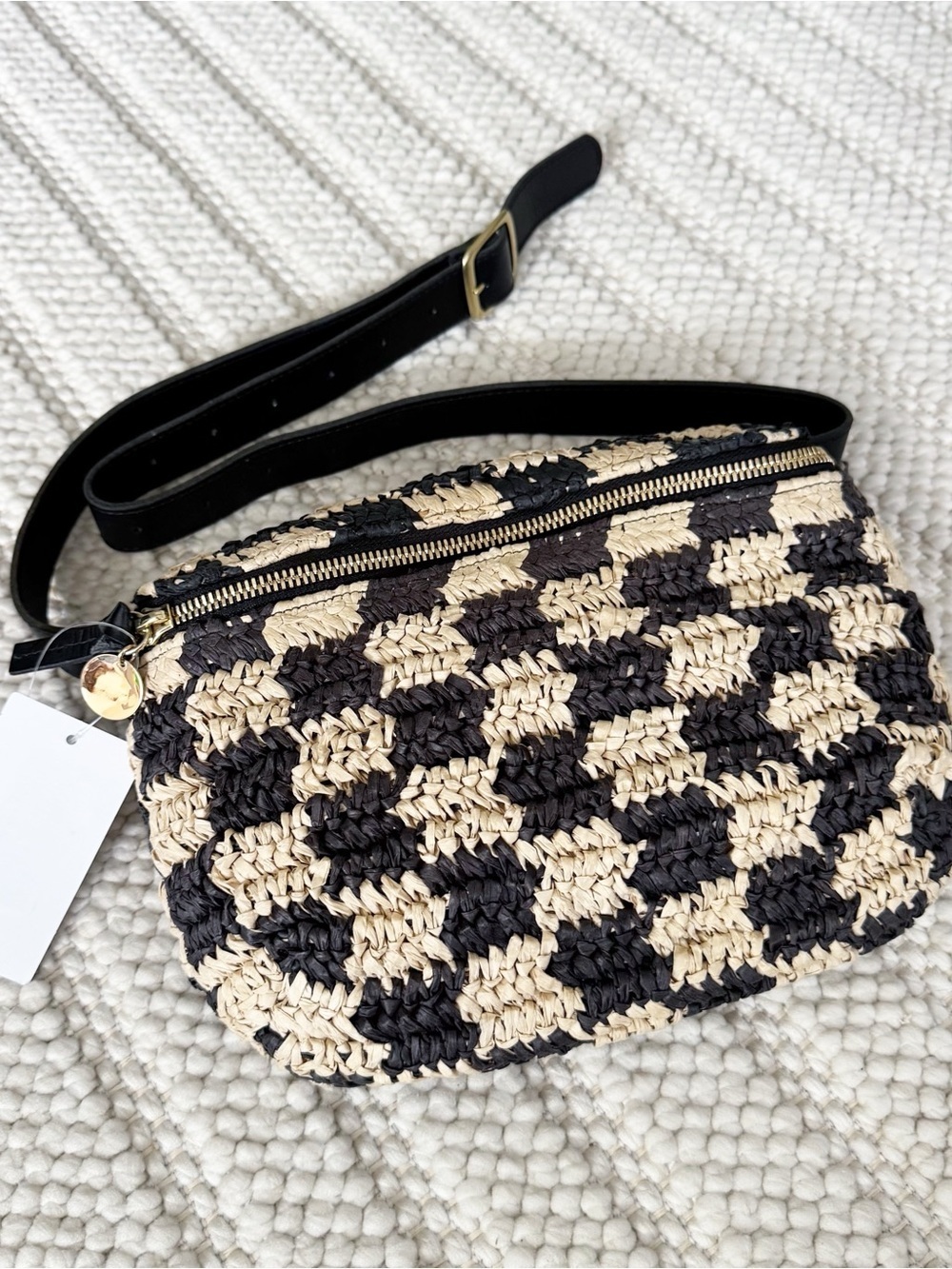 Clare V Checkerboard Woven Belt Bag NWT Black Natural Checker Raffia - Picture 5 of 9